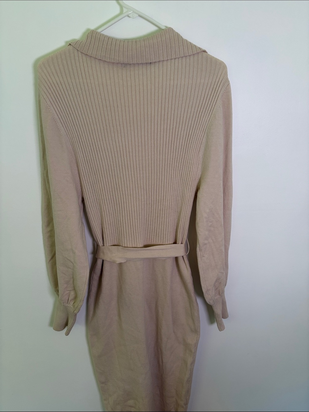 Ribbed V-Neck Belted Long Sleeve Dress in Beige - Picture 5 of 9